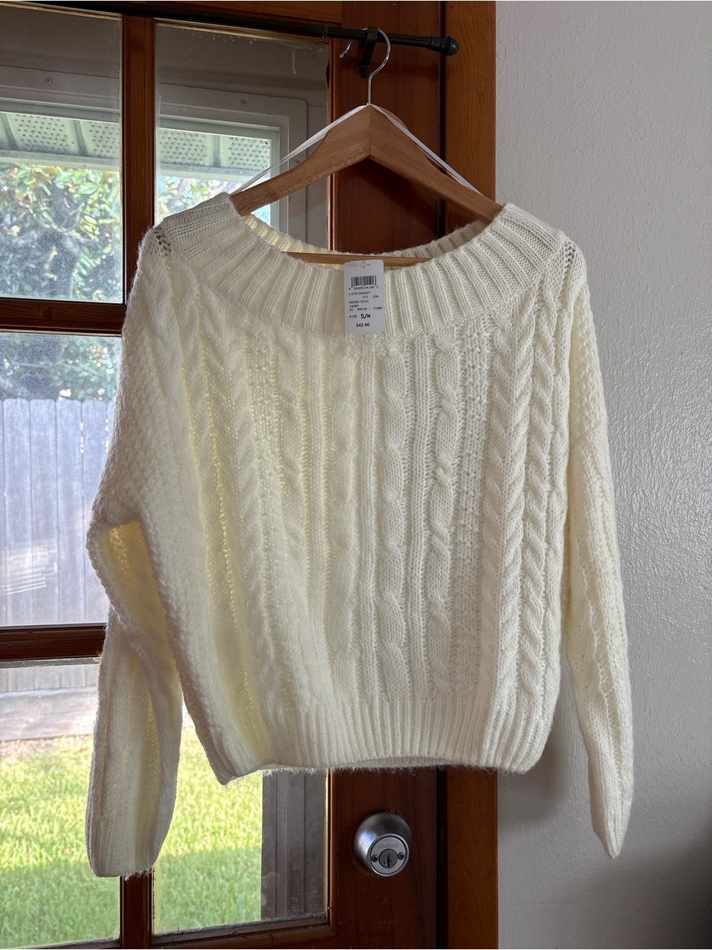 Miracle NWT Cream Off The Shoulder Cottagecore Balletcore Cable Knit Sweater